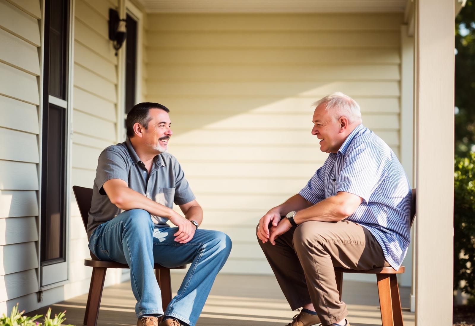 Two men in conversation on a porch